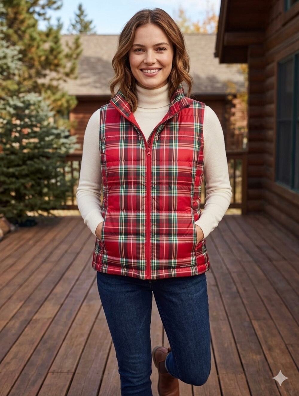 Lands End Women Down PufferVest Christmas holiday winter Red Tartan PlaidQuilted